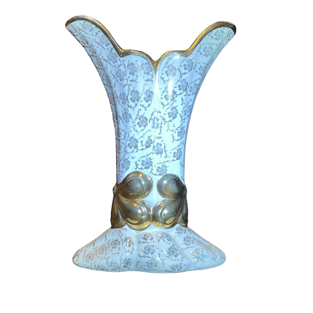 Chic Pottery Vase Four Leaf Clover‎ Gold Gilt Floral Zanesville Ohio 11.5"
